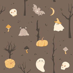 Obraz na płótnie Canvas Mystical night forest with cute ghosts, bat, monsters and skulls. Seamless pattern. Landscape with bare trees and branches, moon, texture, magic mushrooms. Creepy Halloween vector illustration.