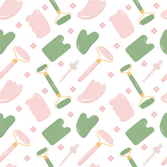 Seamless pattern with Rose Quartz Gua Sha and Jade Scraping Massage tool. Natural pink scraper and green stone roller in different shapes. Trendy skin care. Vector flat style background.