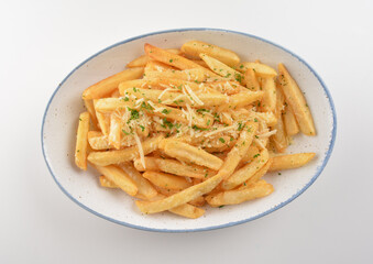 deep fried golden French fries with parmesan cheesy sauce in white background western snack cuisine halal fast food menu