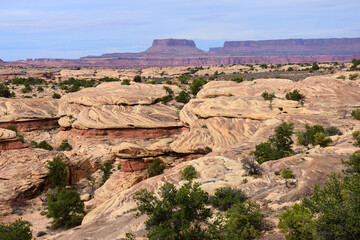 Fototapeta premium dramatically eroded rock formations and buttes dramatically eroded spring canyon along the slickrock trail in the needles district of canyonlands national park, near moab, utah 