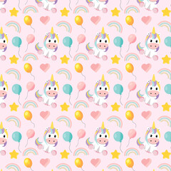 Cute unicorn baby, cheerful holiday invitation, print on clothes pink