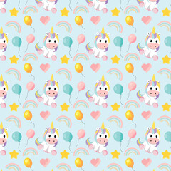 Cute unicorn baby, cheerful holiday invitation, print on clothes 
blue