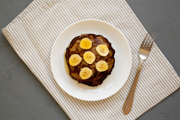 Homemade Banana Pancakes with Honey, top view. Flat lay, overhead, from above.