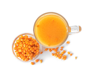 Cup of healthy sea buckthorn tea on white background