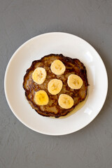 Homemade Banana Pancakes with Honey, top view. Flat lay, overhead, from above.