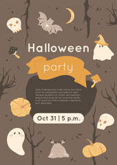 Halloween party invitation card, poster with cute ghosts, pumpkins, bats, magic mushrooms in dark forest. Charming magical creatures with smiling face. Banner, print, placard concept with text