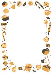 Frame with Halloween sweets. Border for holiday photos, invitations, cards. Template with copy space. Trick or treat. Candies, lollipop, cakes, caramel apple, skull cookies, tasty food for kids party