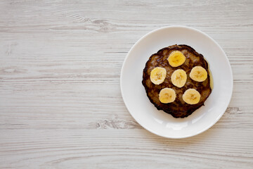 Homemade Banana Pancakes with Honey, top view. Flat lay, overhead, from above. Space for text.