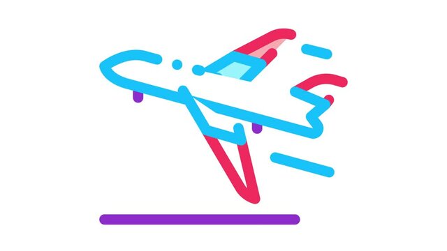 Take Off Airplane Airport Icon Animation. color Passenger Airplane Flying Along Route Concept Linear Pictogram. Air Transport Aircraft animated icon on white background