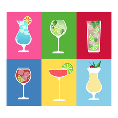 A set of flat vektor illustrations of cocktails. Pina colada, daiquiri, mojito, hugo, campari tonic, long island - obrazy, fototapety, plakaty