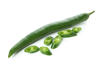 Green hot chili pepper and slices isolated on white background