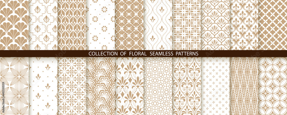 Aufkleber geometric floral set of seamless patterns. gold and white vector backgrounds. simple illustrations