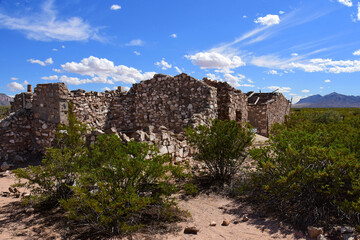 ruins of the barn, bunkhouse, and garage at the historic  mcdonald ranch house near the trinity site, new mexico, where the world's first  nuclear bomb was assembled in 1945