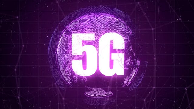 High quality VFX motion graphics animation depicting emerging technology in the 5G cellular connectivity space, with spinning particle Earth globe and abstract plexus design, in yellow color scheme