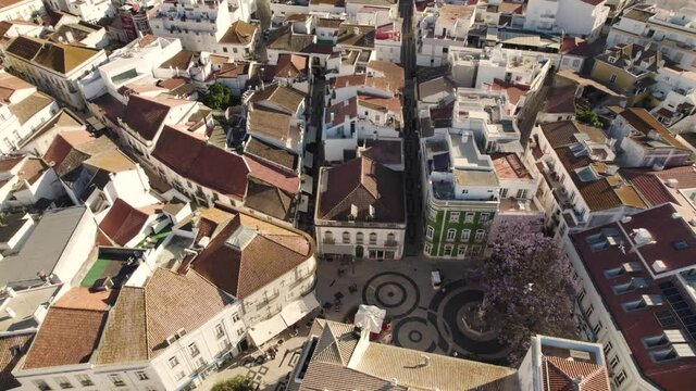 Gil Eanes square, city of Lagos, Algarve, Portugal. High angle aerial view