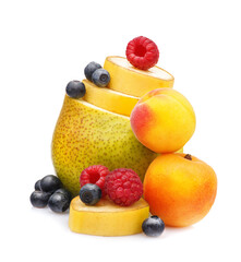 Composition Ripe and different fruits and berries isolated on white background.