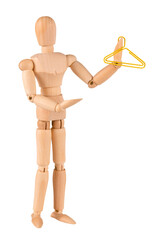 wooden mannequin holding a hanger in his hand