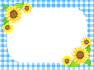 水色チェックの背景素材に白い丸フレームとひまわりのモチーフ シェパードチェック 小弁慶格子 Wall Mural 黒蜜きなこ