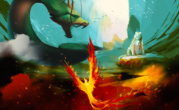 Digital illustration painting design style 3 legendary creature, dragon, white tiger, phoenix. 