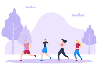 Jogging or Running Sports Background Illustration Men and Women for Active Body, Healthy Lifestyle, Outdoor Activities