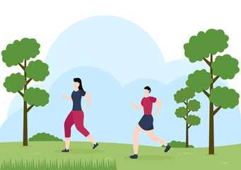Jogging or Running Sports Background Illustration Men and Women for Active Body, Healthy Lifestyle, Outdoor Activities