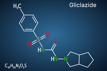 Fototapeta premium Gliclazide molecule. It is sulfonylurea compound with hypoglycemic activity, used for treatment of non-insulin-dependent diabetes mellitus NIDDM. Structural formula on the dark blue background