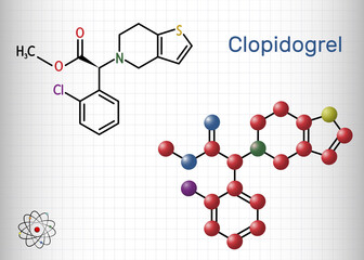 Clopidogrel molecule. It is prodrug, antiplatelet medication, used to reduce risk of myocardial infarction and stroke. Structural chemical formula, molecule model. Sheet of paper in a cage.