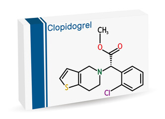 Clopidogrel molecule. It is prodrug, antiplatelet medication, used to reduce risk of myocardial infarction and stroke. Skeletal chemical formula. Paper packaging for drugs