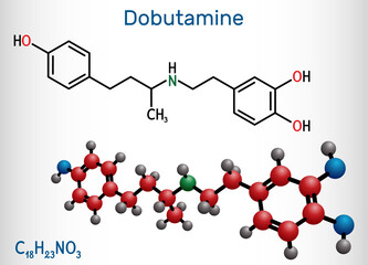 Dobutamine molecule. It is synthetic catecholamine, used as cardiotonic agent after cardiac surgery and for severe heart failure. Structural chemical formula, molecule model