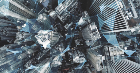 Modern cityscape and linking communication network in Hong Kong, communication concept.