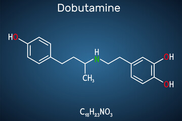 Obraz premium Dobutamine molecule. It is synthetic catecholamine, used as cardiotonic agent after cardiac surgery and for severe heart failure. Structural chemical formula on the dark blue background