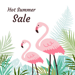 Summer sale web banner with pink flamingo and palm leaves.