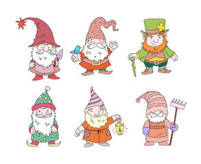 Cute gnome characters. Funny festive fabulous elderly man with gray haired beard. Christmas gnomes, leprechauns for patrick day