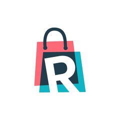 r letter shop store shopping bag overlapping color logo vector icon illustration - obrazy, fototapety, plakaty