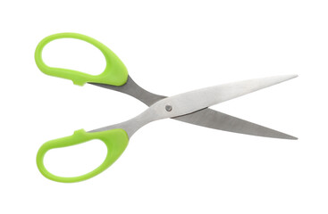 Office scissors with color handle isolated on white, top view