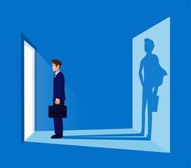 Businessman standing front of door with superhero sillhouette illustration vector
