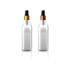 Blank clear square cosmetic bottle with gold-copper press spray head for beauty or healthy product.