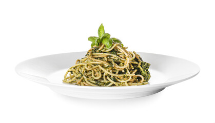 Plate with tasty pasta and spinach on white background