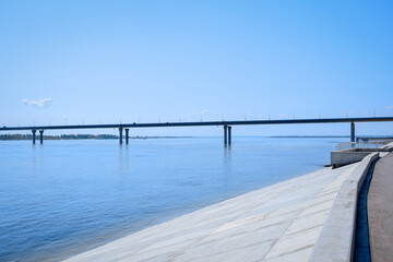 Volga river embankment and bridge in Volgograd city