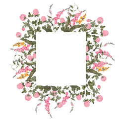 Watercolor vintage frame with wildflowers, forest herbs, isolated on white background