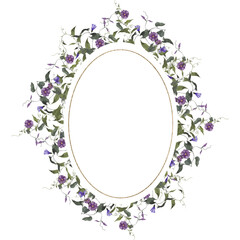 Watercolor vintage frame with wildflowers, forest herbs, isolated on white background
