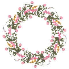 Obraz na płótnie Canvas Watercolor vintage illustration. Retro wreath with wildflowers, forest herbs, isolated on white background