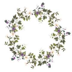 Watercolor vintage illustration. Retro wreath with wildflowers, forest herbs, isolated on white background