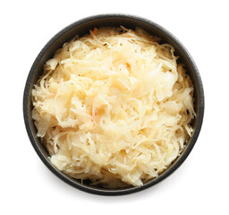Bowl with tasty sauerkraut on white background