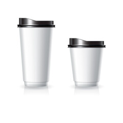 Blank white paper-plastic coffee-tea cup with black lid in small and large size mockup template.