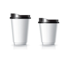 Blank white paper-plastic coffee-tea cup with black lid in small and medium size mockup template.