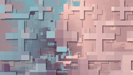 Abstract crosses, 3d urban backdrop, pixel art technology random colorful mosaic for web