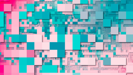 3d urban red, pink, turquoise backdrop, pixel art technology pattern background. Random colorful mosaic, industrial decor