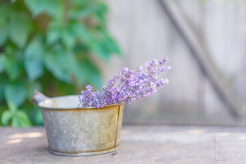 Lavender flowers in an old tin cup background, selective focus.