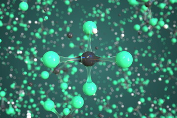 Tetrachloromethane molecule made with balls, conceptual molecular model. Chemical 3d rendering